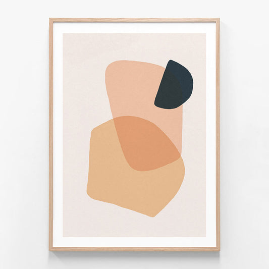This image features a minimalist abstract artwork titled "Abstract Earth 1". It showcases an artistic representation of an earth-like planet, with smooth, flowing contours in shades of beige, pink, and dark blue.