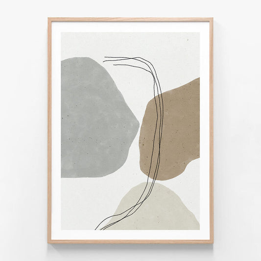 This image features a minimalist abstract framed art print titled "Abstract Rock 2". It showcases an elegant interplay of soft hues, including muted blues, greens, and beige, creating a serene and calming visual experience.