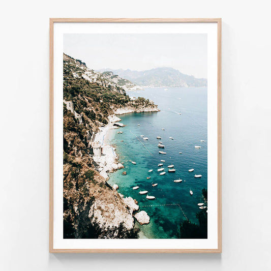 Amalfi Boats wall art print in oak frame