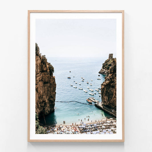 Campania Beach wall art print in oak frame