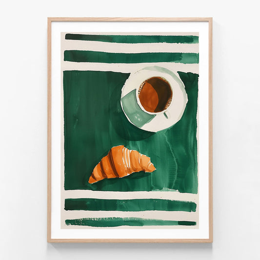 Croissant and Coffee oak framed print