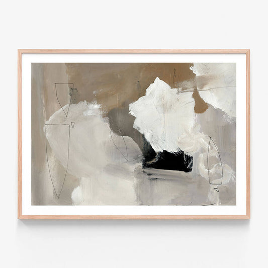 A neutral tone abstract art framed print with paint strokes and lines.