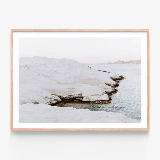 Dreamy Sarakiniko wall art print in oak frame