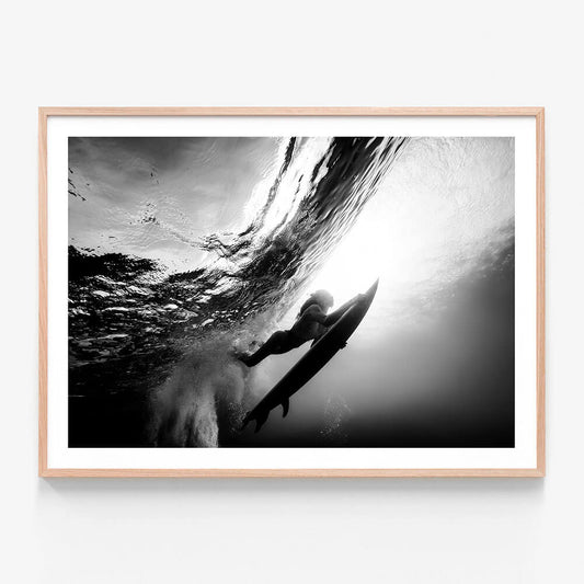 Duck Dive Underwater Surfer Framed Print Black & White Photography Print