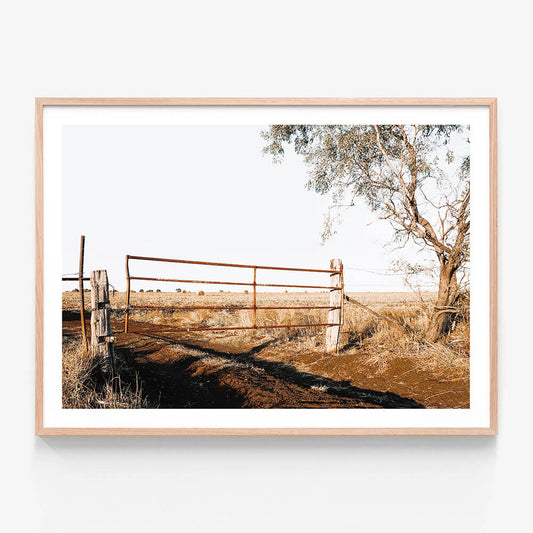 A framed photo print of a rural farm gate with a tree in the background, leading to a field in the Australian landscape.