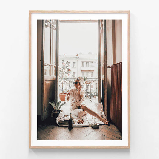 French Breakfast wall art print in oak frame