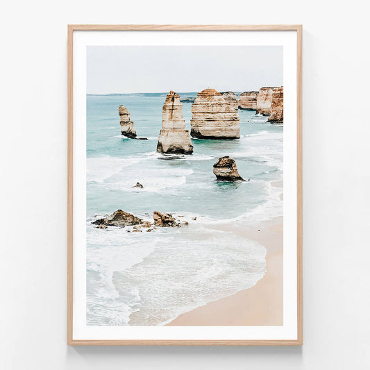 A framed photo print of the 12 Apostles rock formation along the great ocean road Australia.