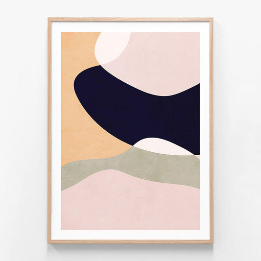 This image features a minimalist abstract framed art piece, titled "Haymarket 2." The artwork is characterized by an elegant interplay of soft colors including peach, navy blue, and muted green hues.