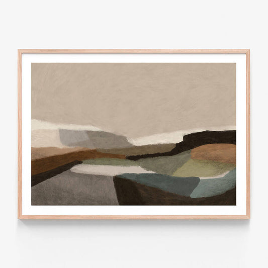 A framed art print of an abstract landscape artwork called ‘Montego'. Muted dark tones and oak framing.