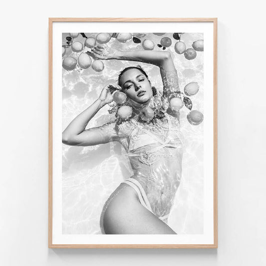 Poolside Fruits 3 wall art print in oak frame