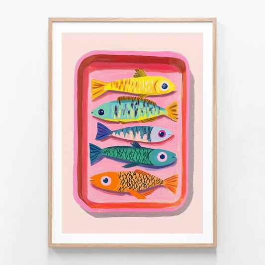 Sardines oak framed print