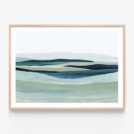 A framed abstract art print titled 'Teal Meadow'. An abstract landscape art print in tones of aqua, mint and green.
