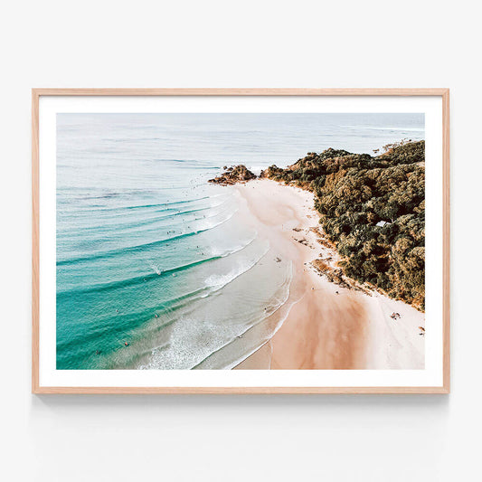 A framed overhead photo wall art print featuring the pass at Byron Bay Australia