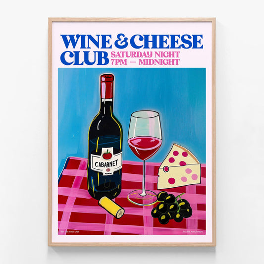 Wine Cheese Club oak framed print