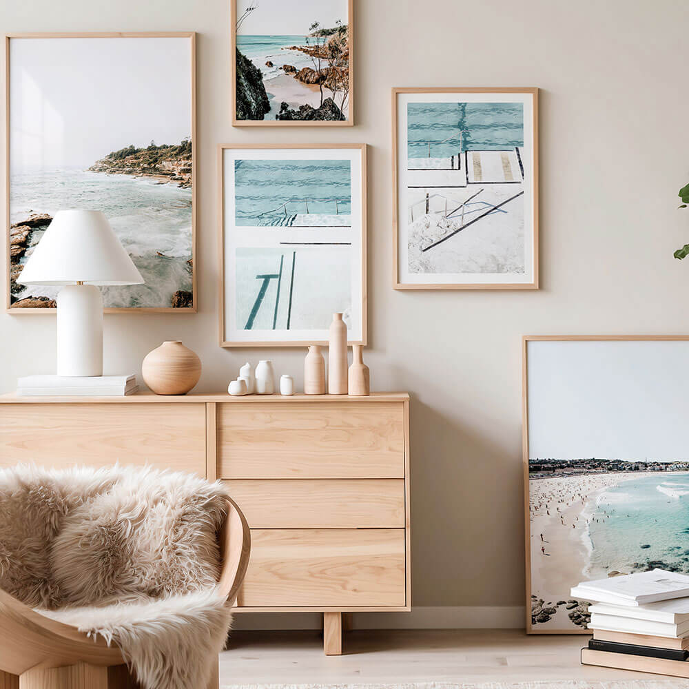 A gallery wall of Bondi Beach wall art prints.
