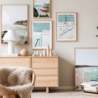 A gallery wall of Bondi Beach wall art prints.
