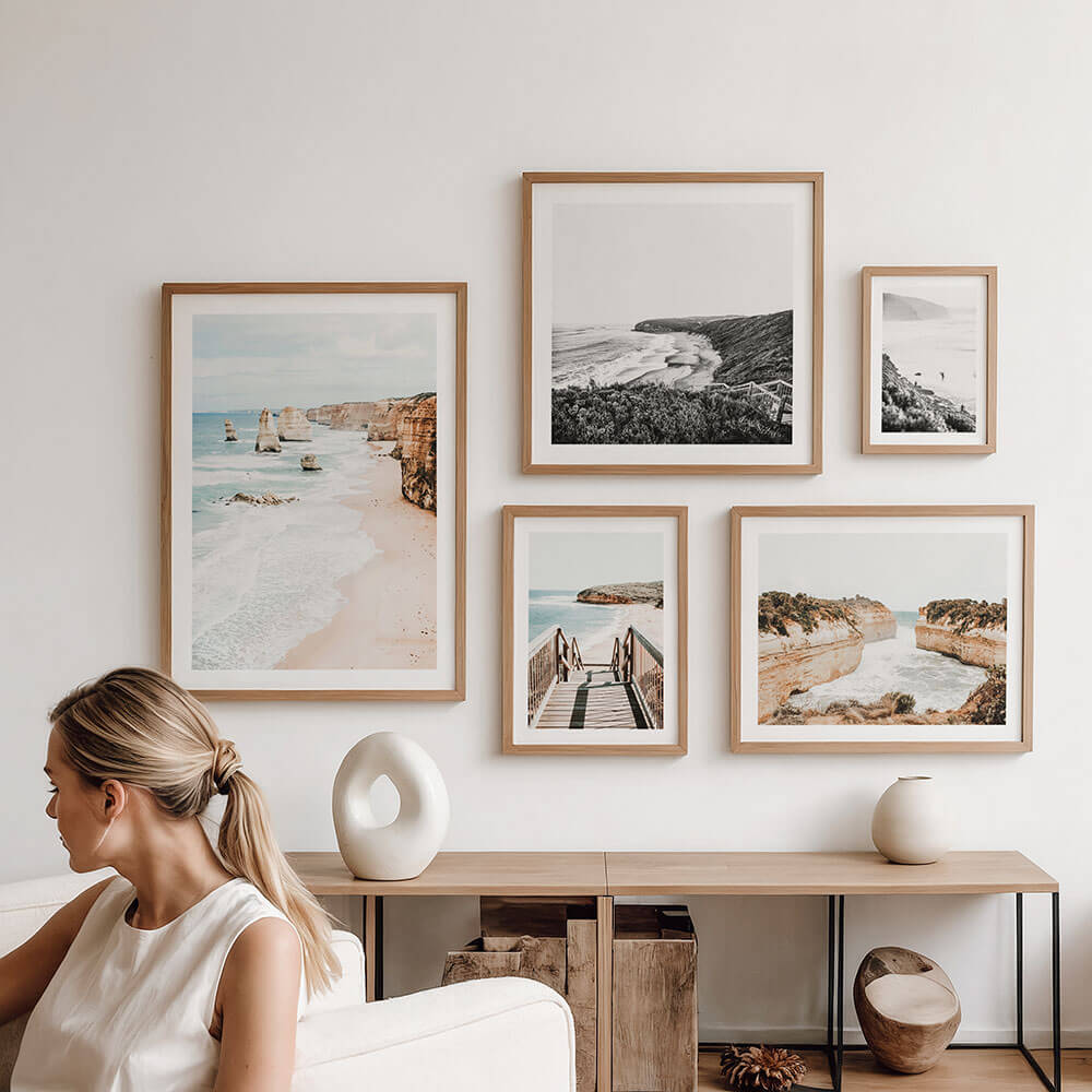 A gallery wall of great ocean road wall art prints.
