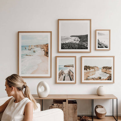 A gallery wall of great ocean road wall art prints.