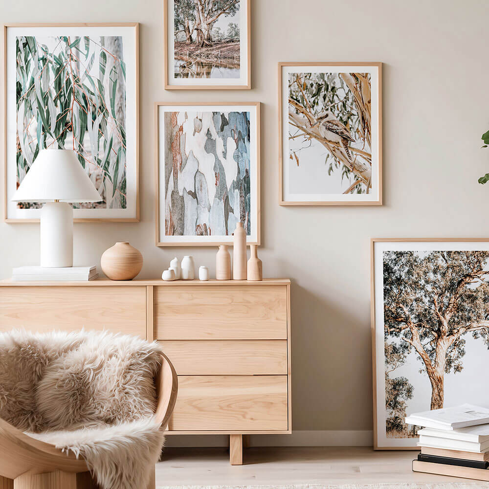 A gallery wall of Australian landscape photography wall art prints.
