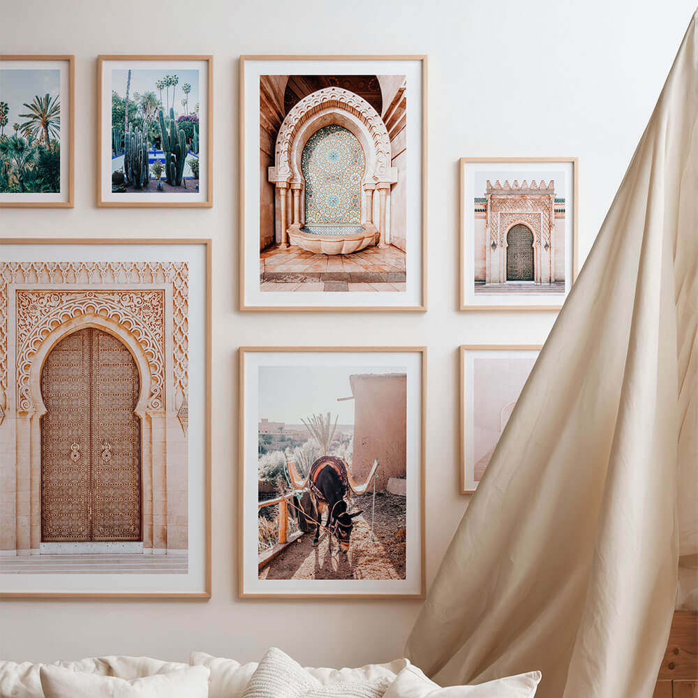 A gallery wall of Moroccan wall art prints.