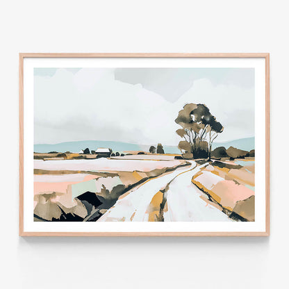 A framed wall art print of an abstract painting of the Australian landscape.