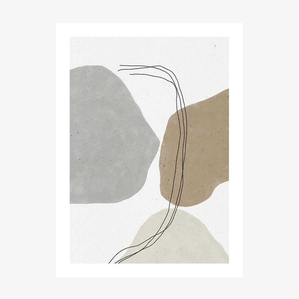 This image features a minimalist abstract art piece titled "Abstract Rock 2". It showcases an elegant interplay of soft hues, including muted blues, greens, and beige, creating a serene and calming visual experience.