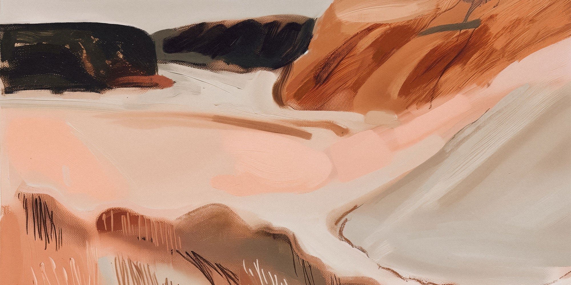 Abstract wall art with brush strokes in brown, black, and beige tones.