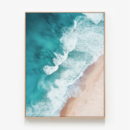 Aerial Beach Canvas wall art with oak float frame