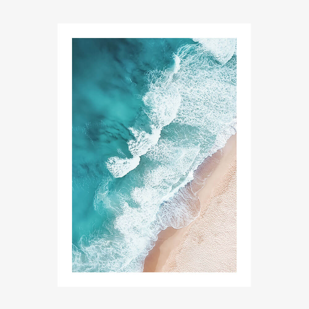 A photo wall art print featuring an overhead beach coastal scene