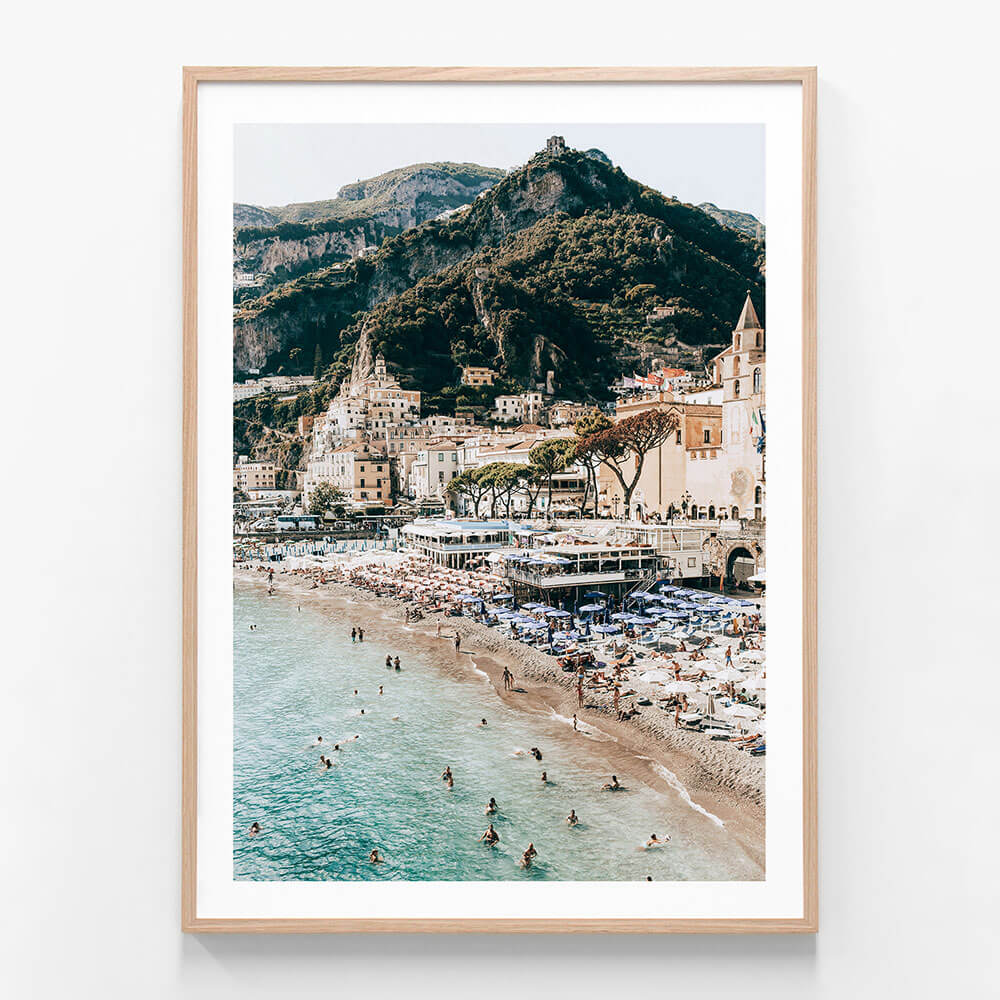 Amalfi Beach Day wall art print in oak frame