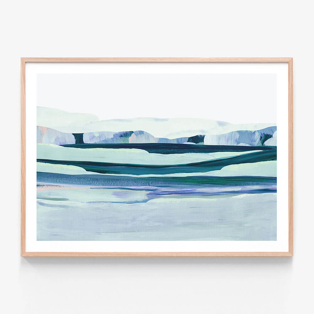 Aqua Landscape abstract wall art print framed in oak.
