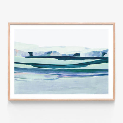 Aqua Landscape abstract wall art print framed in oak.
