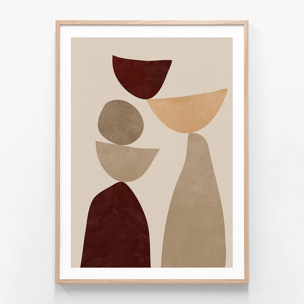 A minimalist framed artwork featuring abstract geometric shapes in beige, brown, and gray on a white background.