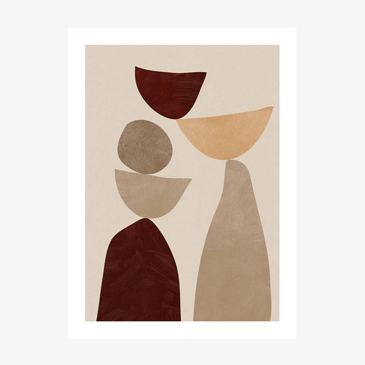 A minimalist artwork featuring abstract geometric shapes in beige, brown, and gray on a white background.