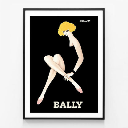 A vintage style framed print featuring a stylized blonde female figure with a black background, the brand name 'BALLY' is displayed at the bottom.