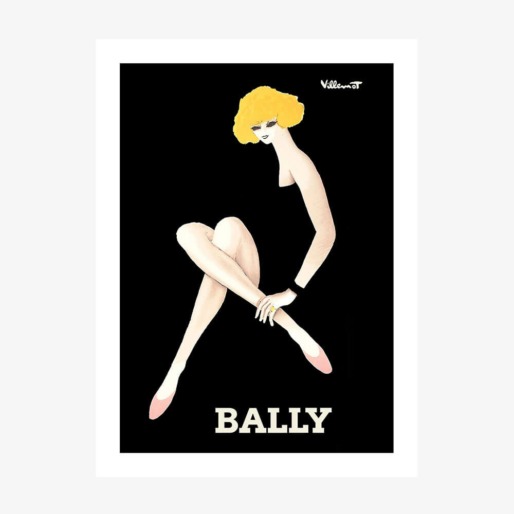 A vintage style poster featuring a stylized blonde female figure with a black background, the brand name 'BALLY' is displayed at the bottom.