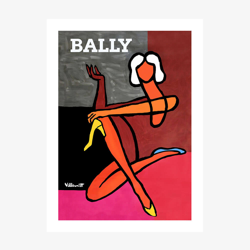A stylized and colorful advertising poster of a woman in a dynamic pose with the brand name 'Bally' prominently displayed at the top.