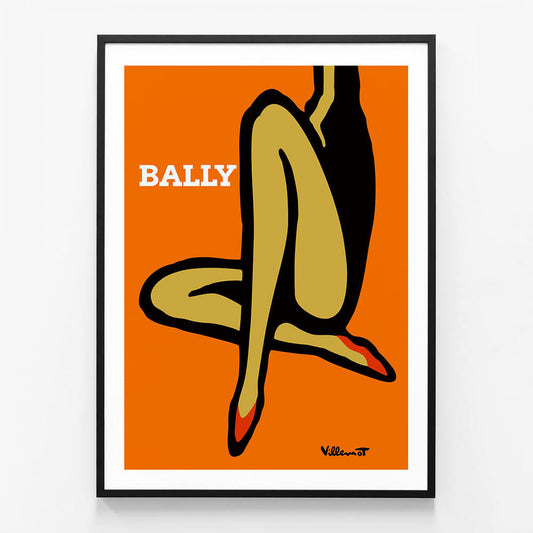 A framed print of a stylized illustration of a pair of orange legs sitting, with the brand name 'BALLY' prominently displayed at the top. The image has a bold and simplistic design with a limited color palette.