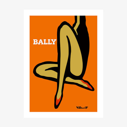 A stylized vintage poster of a pair of orange legs sitting, with the brand name 'BALLY' prominently displayed at the top. The image has a bold and simplistic design with a limited color palette.