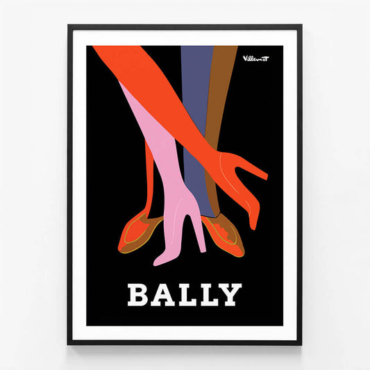 A vintage advertisement poster featuring abstract, colorful shoe designs with the brand name 'Bally' at the bottom.