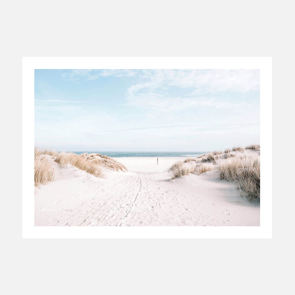 A coastal photo print of the beach with and and grass