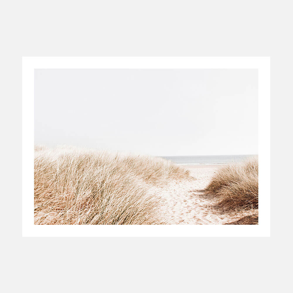 A coastal artwork print depicting a beach grass landscape with a soft neutral color palette.