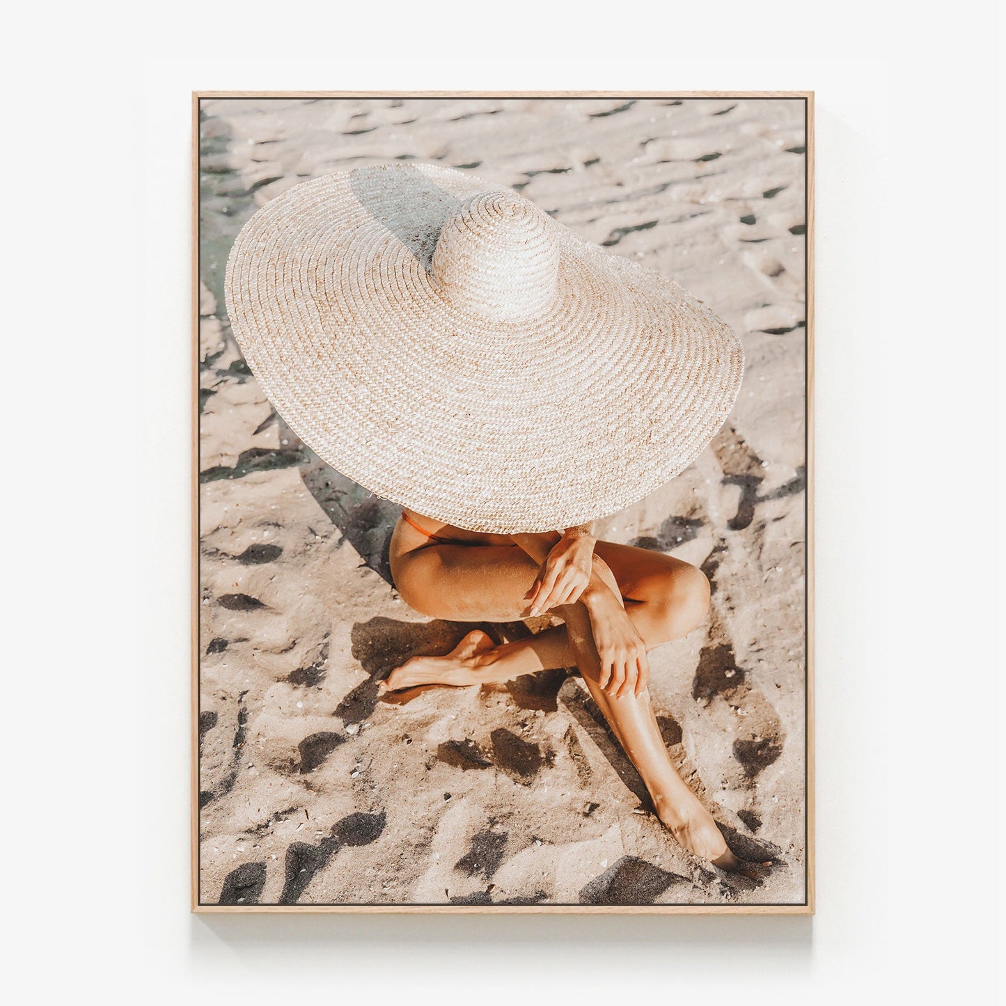 Beach Hat Canvas wall art print with oak float frame