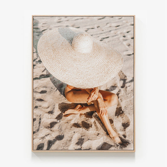 Beach Hat Canvas wall art print with oak float frame