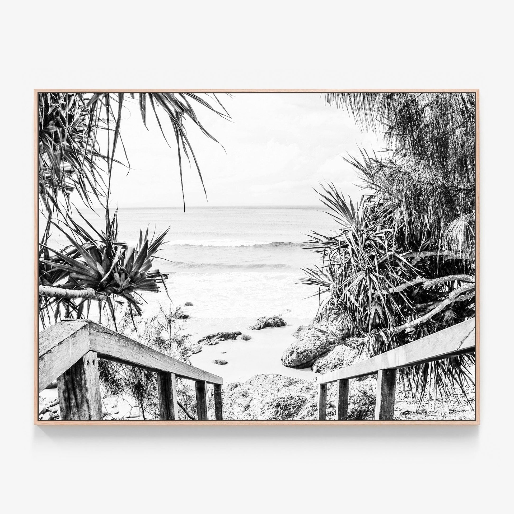 Beach Hideaway B&W Canvas print in oak frame