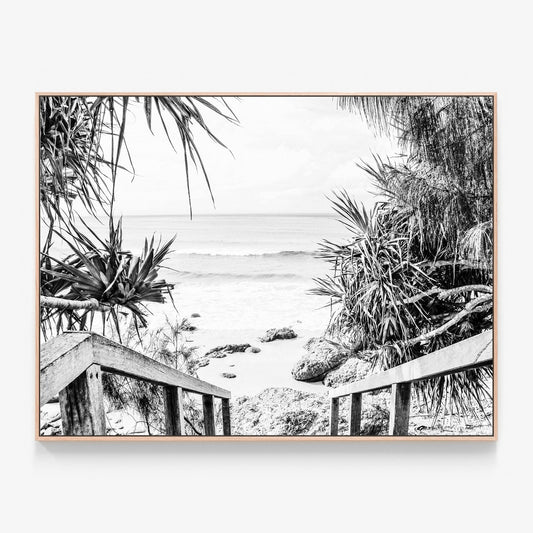 Beach Hideaway B&W Canvas print in oak frame