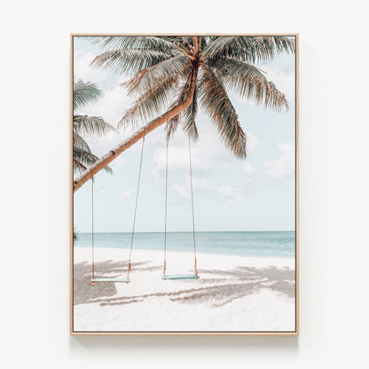Beach Swings Canvas wall art with oak float frame