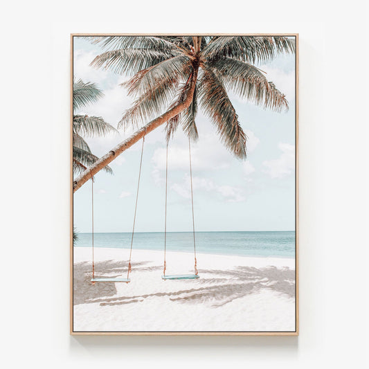 Beach Swings Canvas wall art with oak float frame