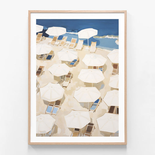 Beach Umbrellas oak framed print