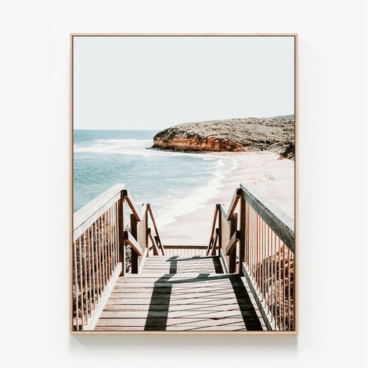 Bells Beach Stairs Canvas wall art with oak float frame